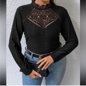 Shein Curve Long Sleeve Blouse Black Lace High Neck Keyhole 2XL